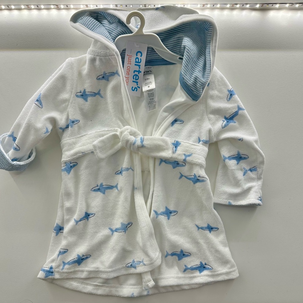 Carter's White and Blue Shark Hooded Baby Robe